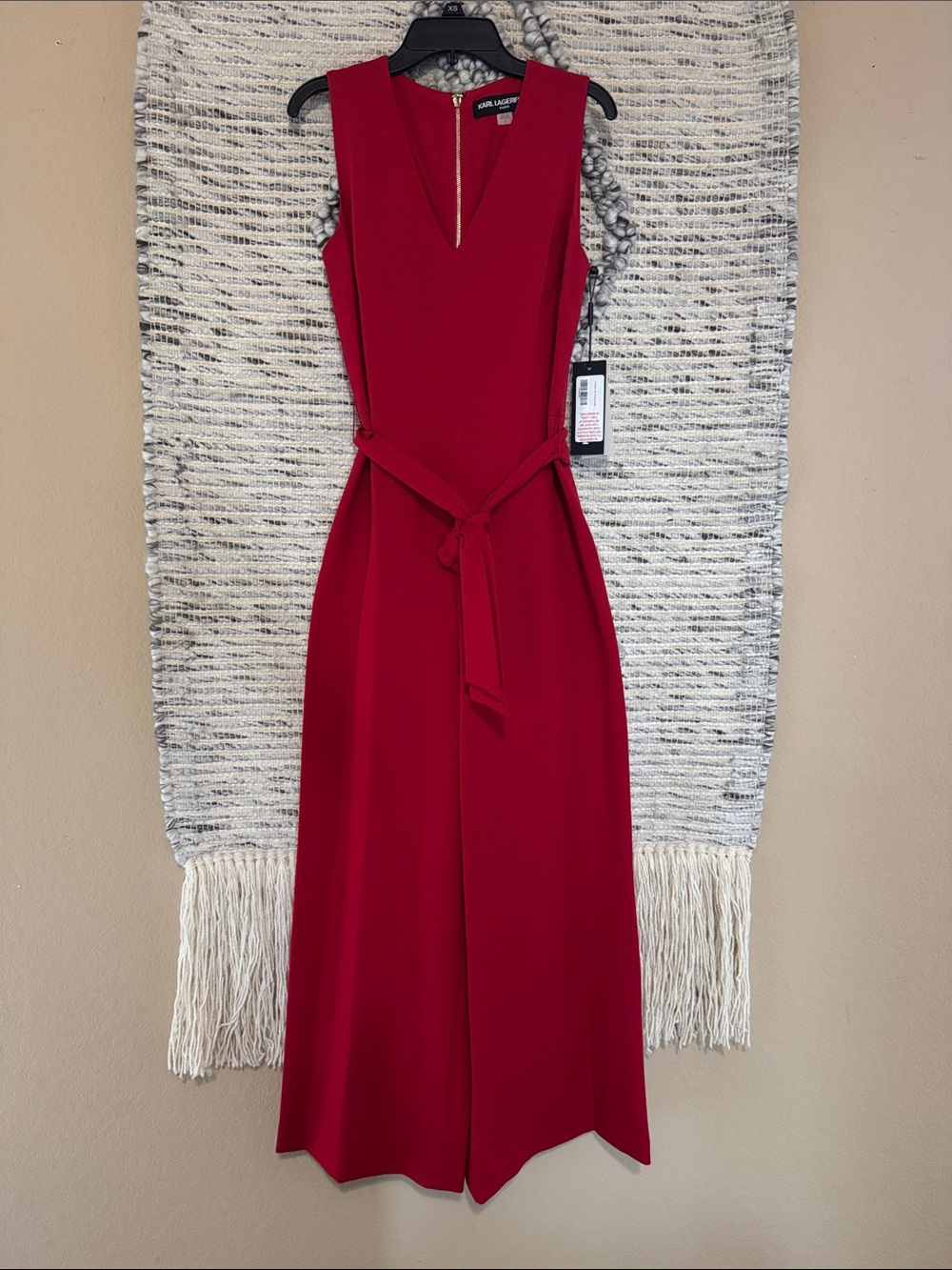 Karl Lagerfeld Red V-Neck Sleeveless Jumpsuit with Tie Waist